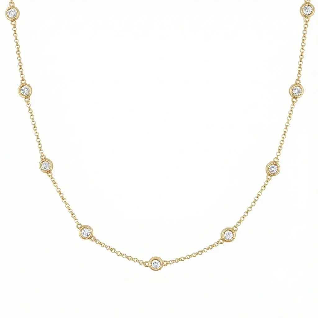 9 stone bezel necklace  (14K Yellow Gold, Diamond B - HI - VS2 - SI1, 1/3cts)