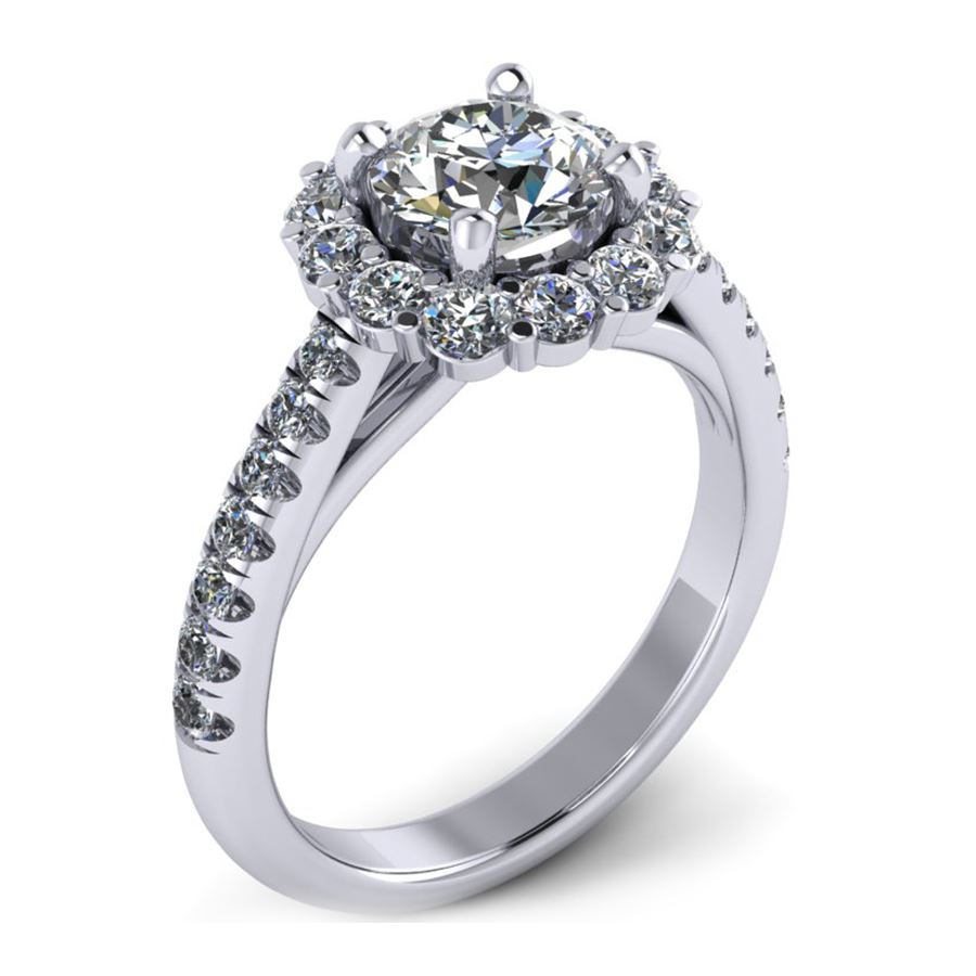 4 prong round halo with accent and cathedral