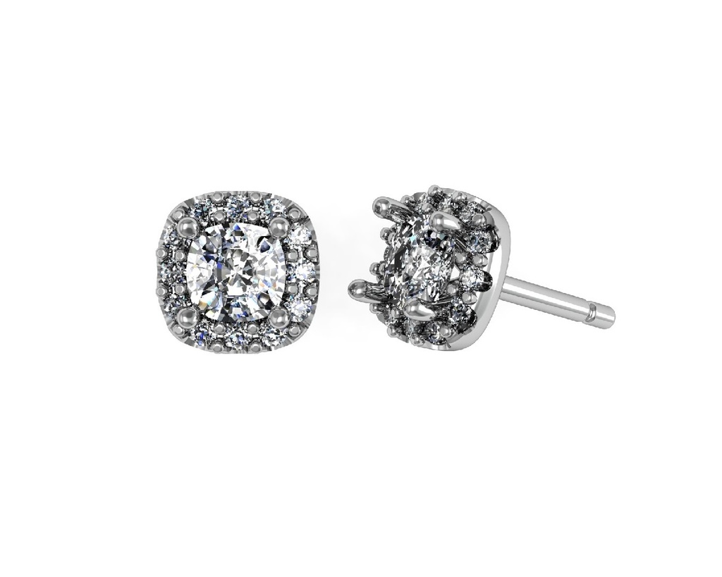 Halo earrings shared prong set cushion center